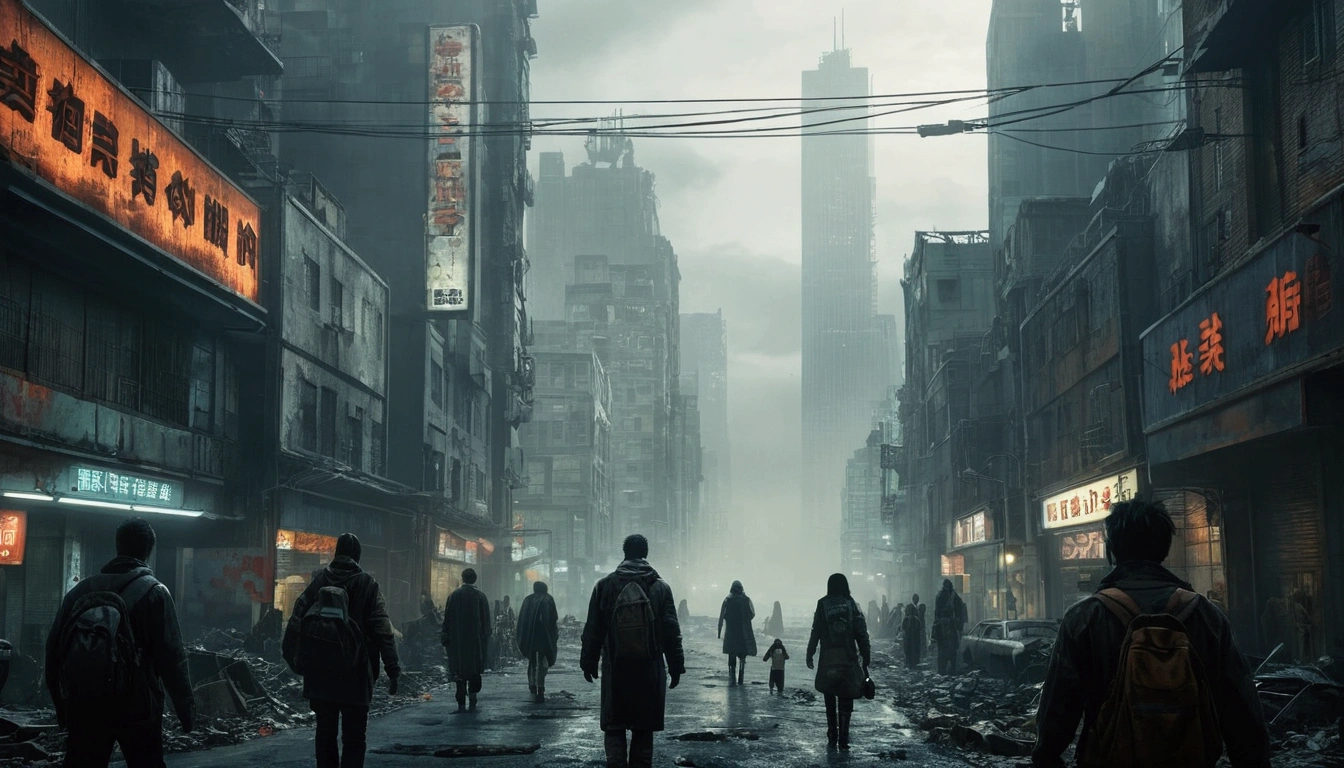 Night,night,People walking on the city street with tall buildings, FOGgy dystopian world, post apocalyptic city streets, Dystopian digital concept art, Post-apocalyptic atmosphere, Dystopian Sci-Fi Doomsday, post apocalyptic city, in a post apocalyptic city, The story is set in post-apocalyptic Tokyo., Post apocalyptic streets, A post-apocalyptic New York, post apocalyptic city, Octane Rendering. FOG, An abandoned dystopian city