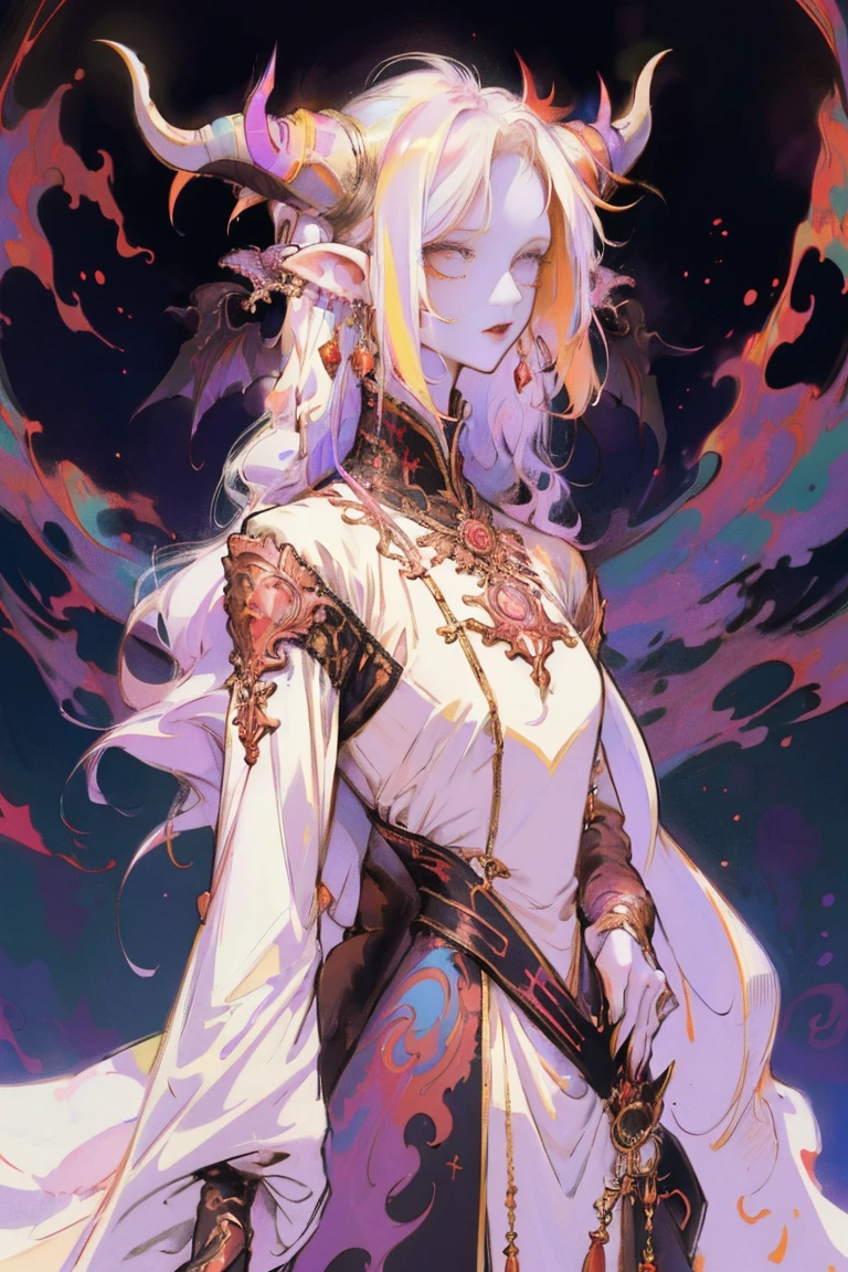 Designed by nty, A woman is, (Albino demon girl standing, long and complex horns:1.2, multicolored clothing), Complicated details, coloured background, Abstract