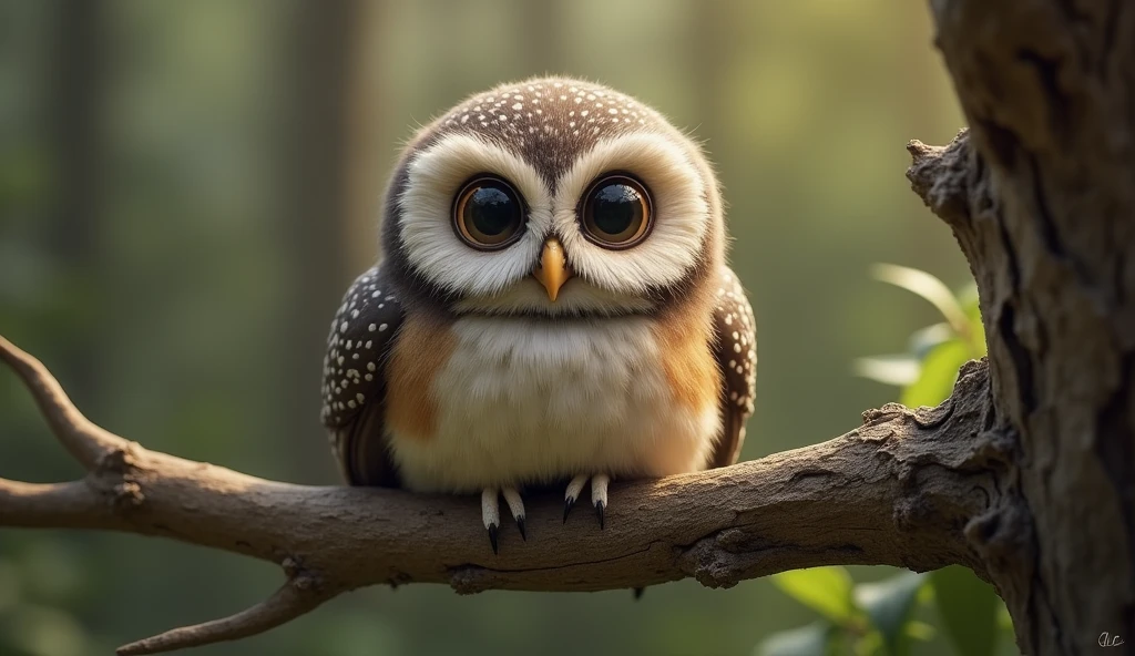 The Wise Owl: A round, gentle-looking owl with a combination of brown, black, and white dotted feathers. The owl has large, wise eyes and a soft, fluffy appearance, making it look both wise and approachable. It perches on a branch with a calm and thoughtful expression.