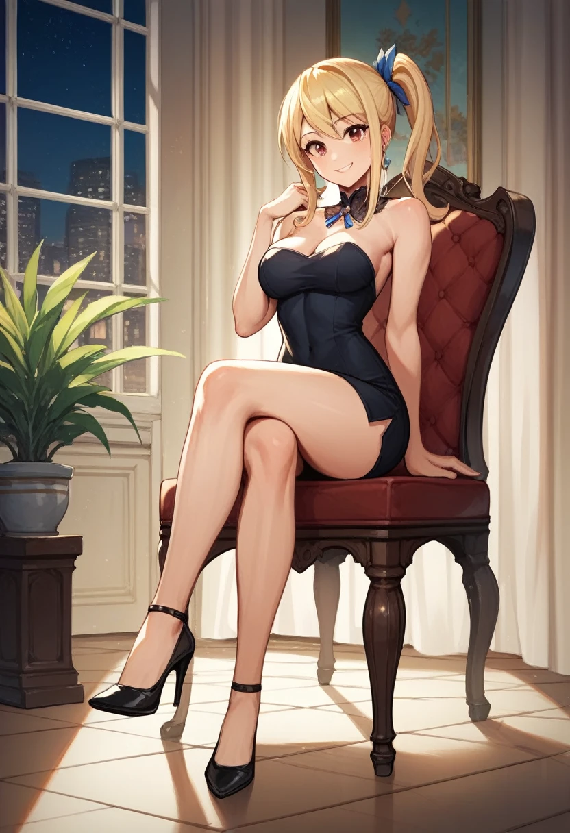 score_9, score_8_up, score_7_up, score_6_up, score_5_up, score_4_up, source_anime, 1girl,masterpiece, best quality, highres, lucy heartfilia, sit, chair, full body, smile, blonde hair, brown eyes, long hair, side ponytail, middle breasts, earrings, black dress, skirt, black high heels, room, night, looking at the viewer, crossed legs, best quality, best res, 4K UHD,
 