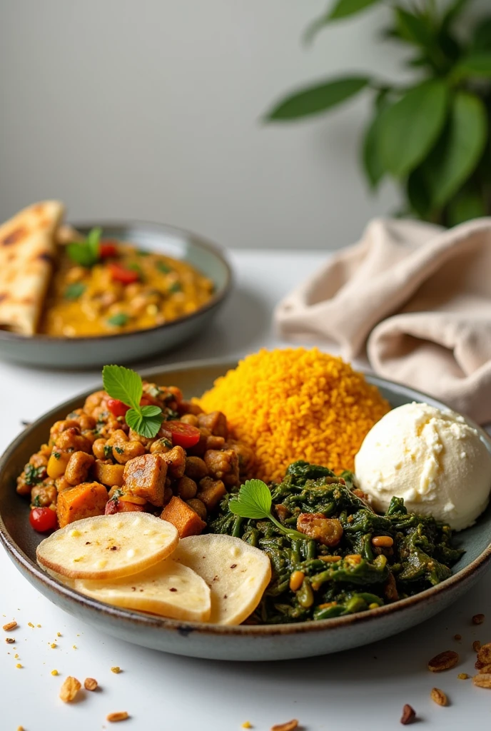 A plate of veg meals with curd and ice cream 
