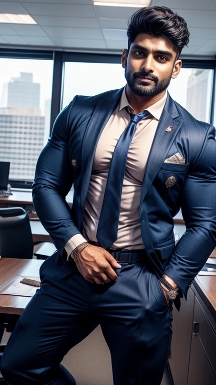 Indian gurjar ARJUN gay man in business suit, standing in office with spread legs