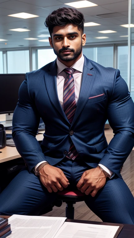 Indian gurjar ARJUN gay man in business suit, standing in office with spread legs