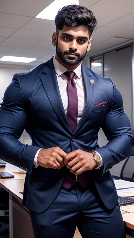 Indian gurjar ARJUN gay man in business suit, standing in office with spread legs