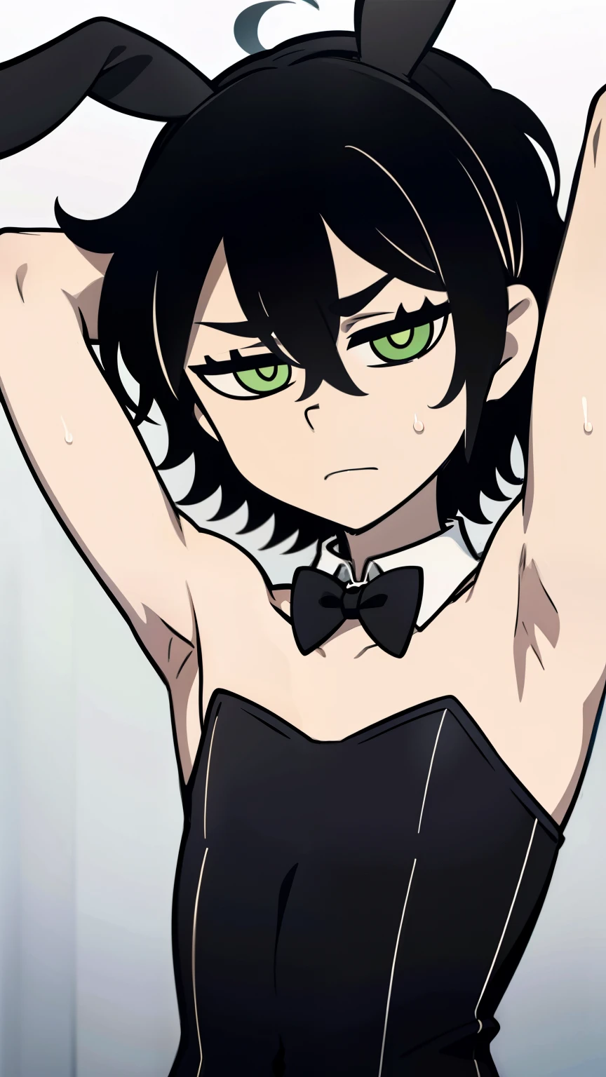 Highres, Masterpiece, Best quality at best,Best Quality,hight quality, hight detailed, Anime style, 1boy, Shota, young boy, Young andy graves, hair between eyes, closed mouth,black hair, green eyes, Slim body, messy hair, bright pupils, look at viewer,animal ears, playboy bunny, rabbit ears, fake rabbit ears, strapless, strapless leotard, detached collar, bare shoulders, bowtie, bow, wrist cuffs, choker, Flat chest, upper body, simple beckground, (Showing armpit:1.3), (very young boy), (very small and short body), simple beckground, hansome boy, Uhd, bokeh, sweat