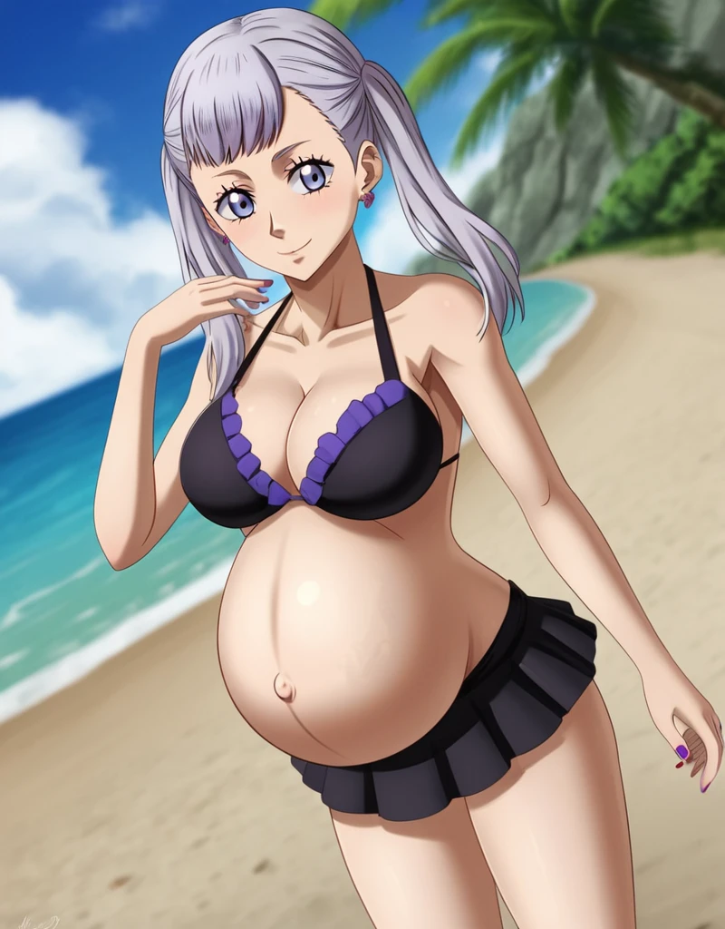 noelle_blackclover, Noelle Silva, Black Clover, long silver hair, waist-length hair, half-up half-down hairstyle, ribbon, side-parted bangs, almond-shaped blue eyes, high-quality, ultra-detailed, beast quality, 8K resolution,
looking at viewer, dutch angle, cowboy shot, smile, pregnant belly, large belly, big belly, big Breasts, belly button, Earrings, Mini skirt, bikini,
1girl,solo, indoors, beach, happy, Smiling, rub belly, Looking ahead,
full body, Nail polish,