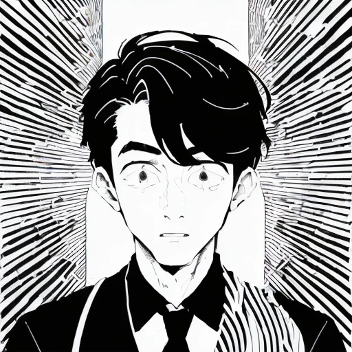 (((Black and white illustration with converging lines)))、(((Young handsome man with surprised face))),