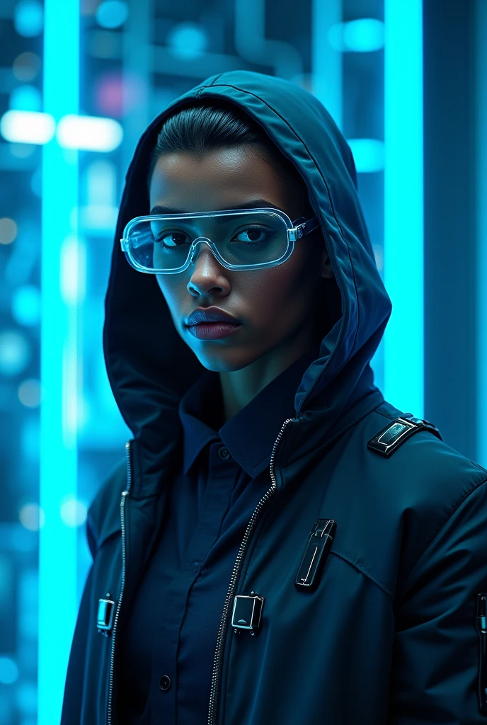 lightskin africa american with short hair, cyberpunk glass and hoodie, neon blue tech background
