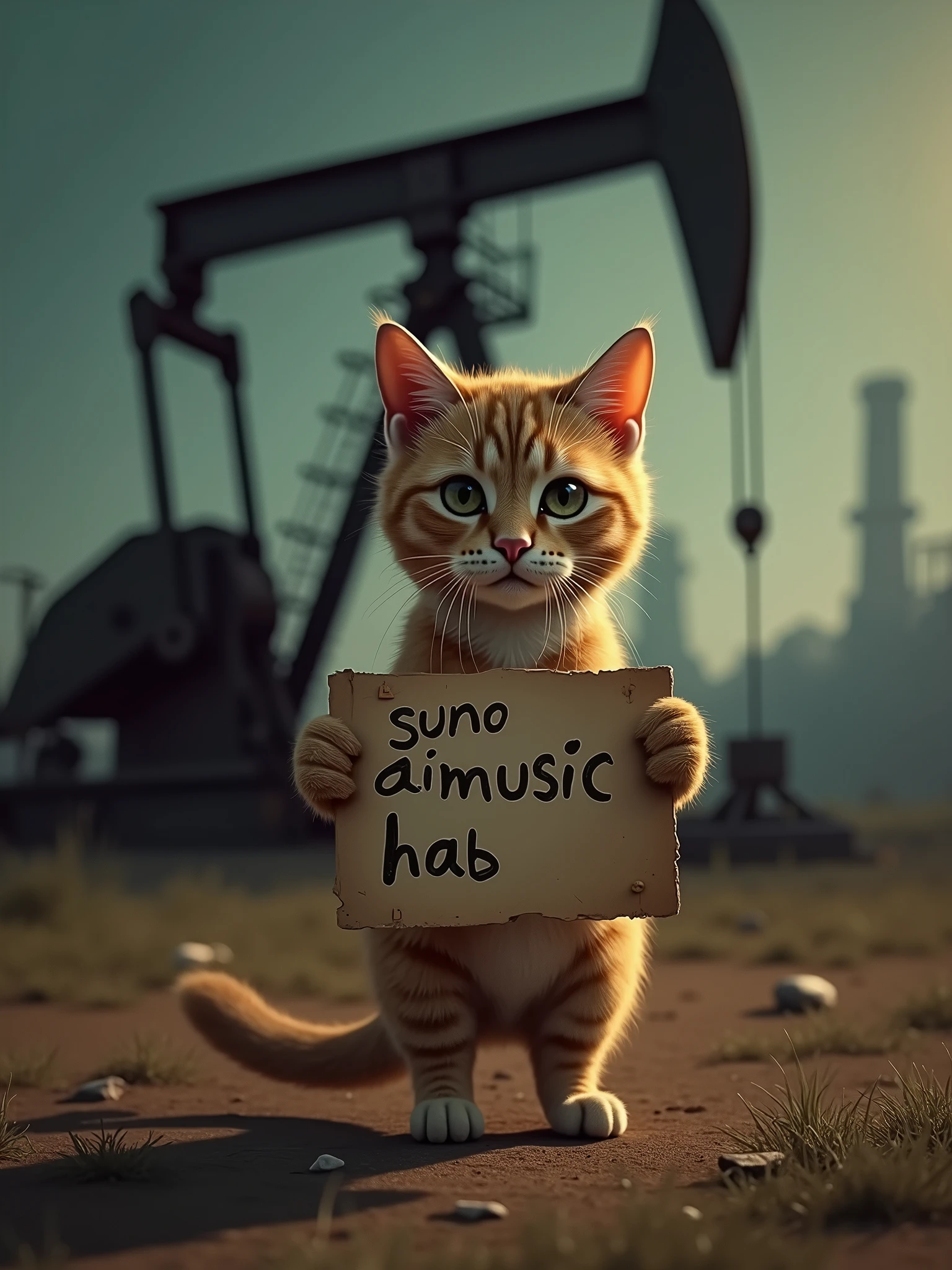 cat holds a sign that says "suno aimusic hab" and pumpjin