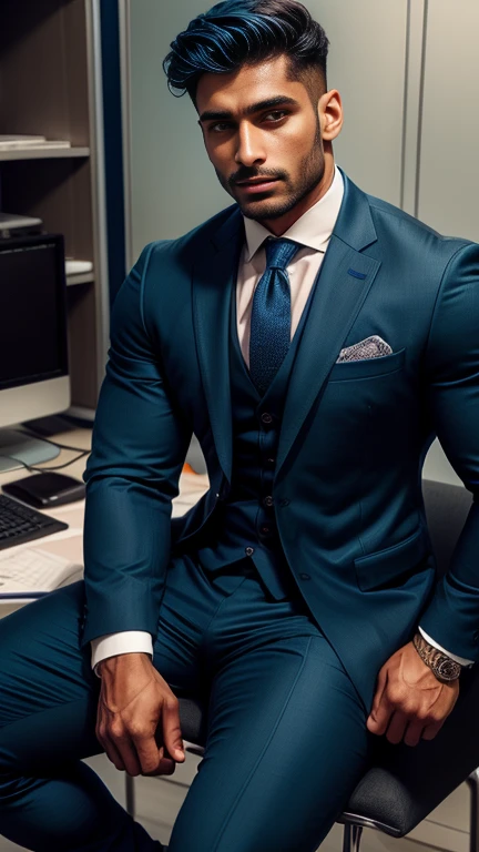 Indian gurjar ARJUN gay man in a blue suit sitting on a desk with a computer, blue suit, wearing a light blue suit, wearing tight suit, wearing a business suit, wearing dark blue suit, wearing business suit, sitting on a desk, teal suit, wearing a stylish men's suit, wearing a suit, wearing a suits, dressed in a suit, wearing suit