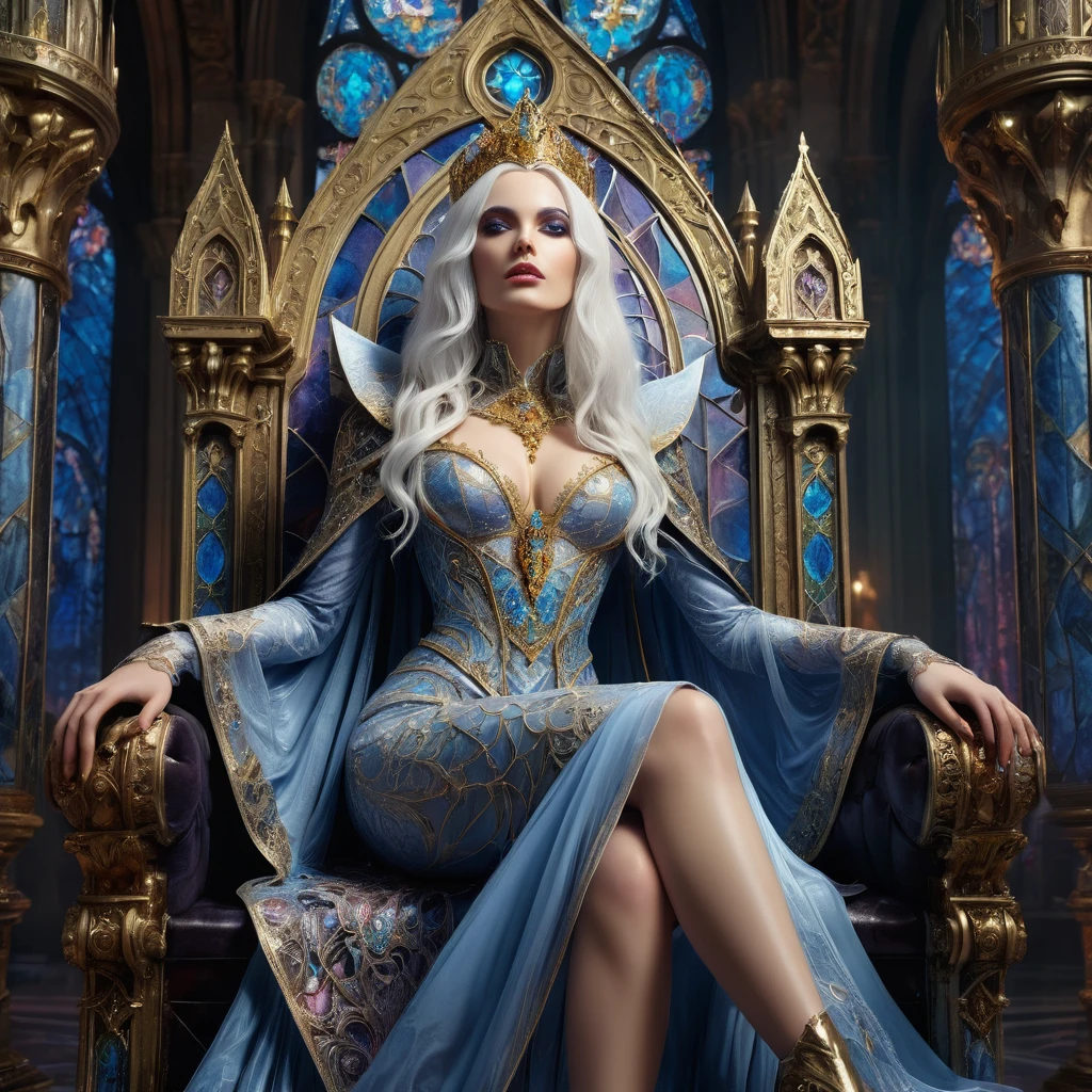 masterpiece, best quality,4k,(Front view close-up:1.3), beautiful vampire Queen sitting upon (grand and wide Gothic throne) with crossed legs, (veiled robe with golden embellishments), (high boots), (arched stained glass windows behind the throne), marble columns, flowing white hair, sparkling blue eyes, (soft pastel style:1.5), masterpiece in maximum 16K resolution, superb quality, ultra detailed