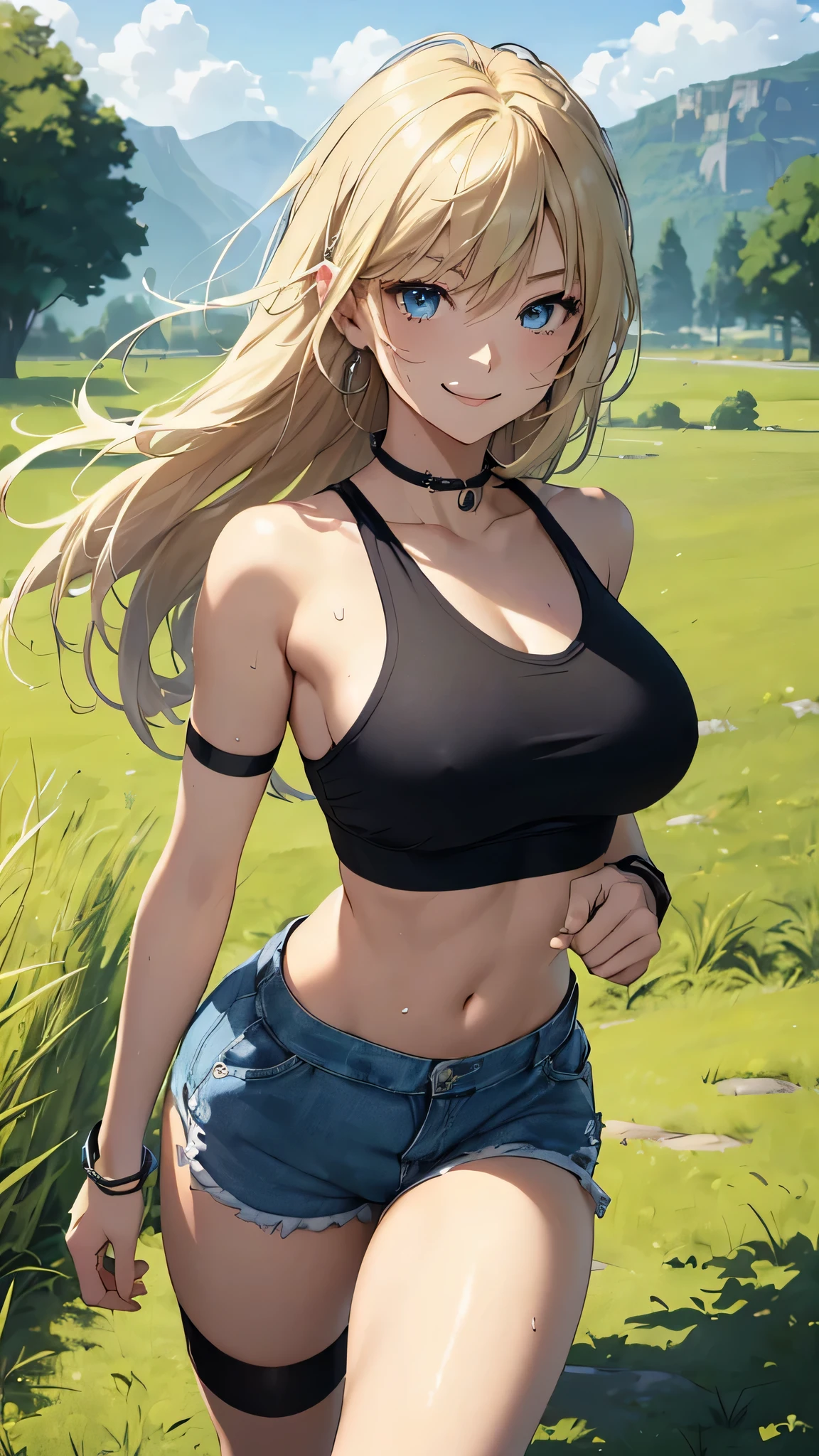最high quality、Best image quality、masterpiece、woman((18-year-old、Sportswear、Black sports bra、Blue shorts、Best Bust、Bust 85、Blonde、Long Hair、blue eyes、Open your chest wide、valley、happiness、Black wristband on wrist、Slender、smile、耳Nipple Ring、running、The wind is blowing、sweating、Hunchback))high quality、Visual Arts、background((grassland、Grass path))、Tabletop、