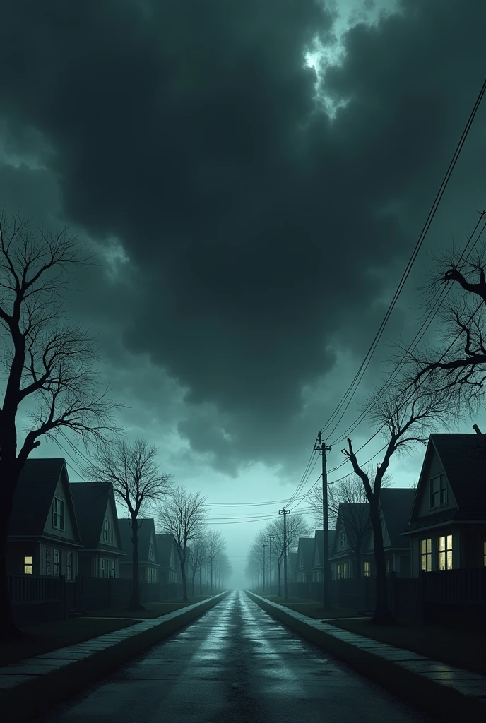 a dark and cloudy sky casting long shadows over a suburban town, nightmare 