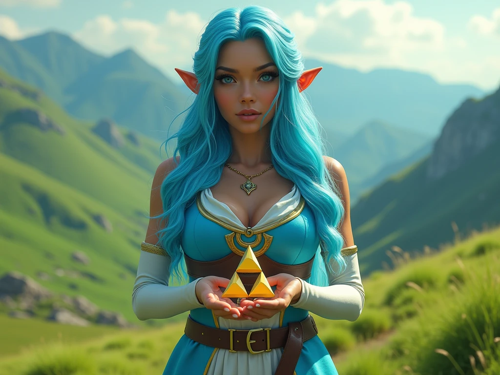 beautiful biracial latina woman, long light blue hair, light blue eyes,large breasts, wear zelda cosplay, in a valley, look and hold the triforce  with her hands in front of her, extremely detailed full body ,Résolution Haute, 