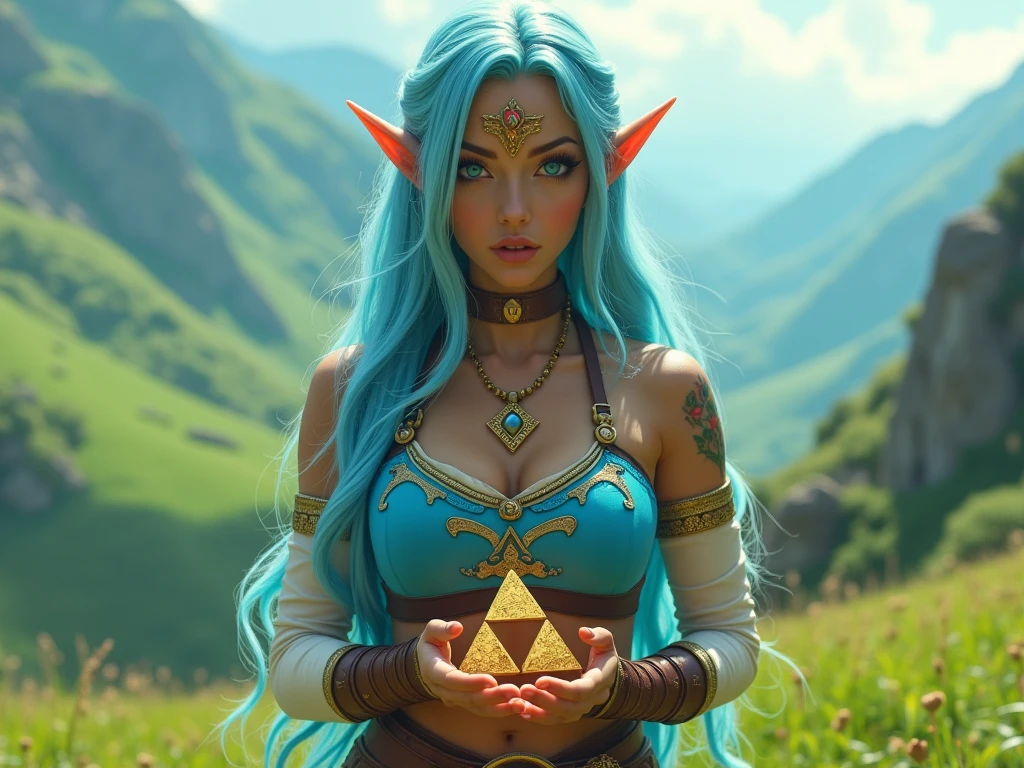 beautiful biracial latina woman, long light blue hair, light blue eyes,large breasts, wear zelda cosplay, in a valley, look and hold the triforce with her hands in front of her, extremely detailed full body ,Résolution Haute,