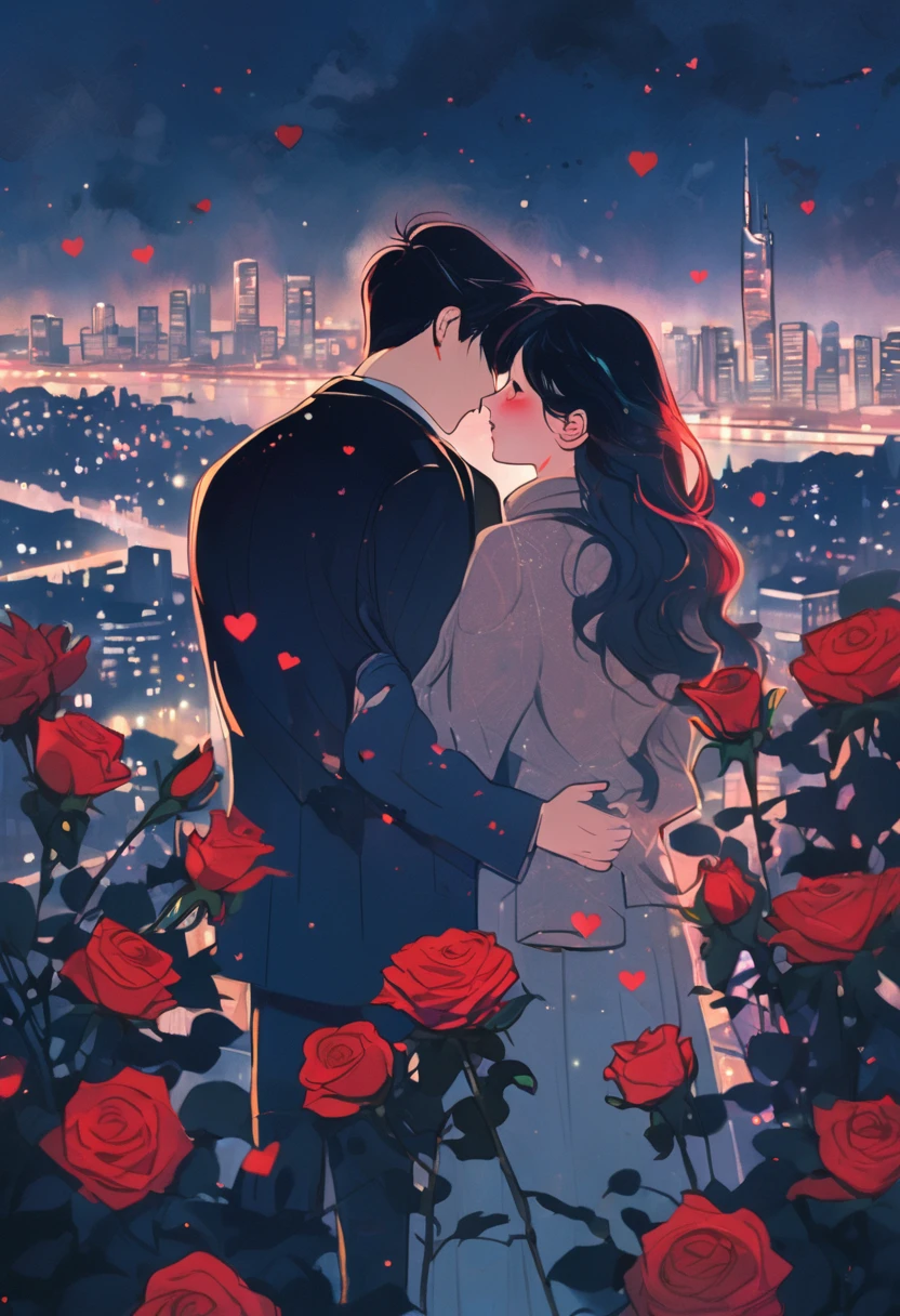 an illustrative picture of love that causes pain, A couple facing each other while holding red roses with a night view of the city. soft color, pastel color