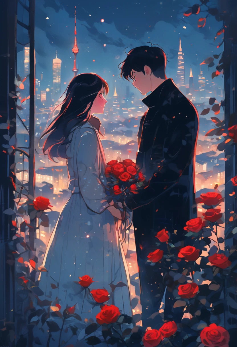 an illustrative picture of love that causes pain, A couple facing each other while holding red roses with a night view of the city. soft color, pastel color