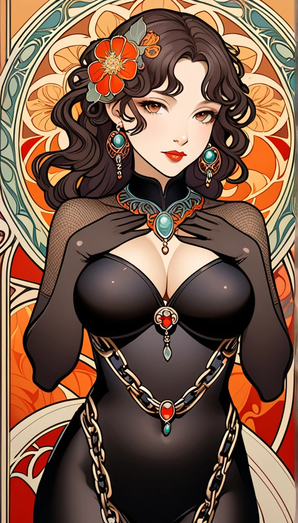 a beautiful attractive woman in body stocking suit, micro T-string , intricate chain jewelry suspenders, beautiful round breast, cleavage, chest press together ,medium long shot ,elegance pose, Intricate designs and patterns in the style of Alphonse Mucha ,Art Nouveau flowery background, black wavy hair,long earrings,red lipstick