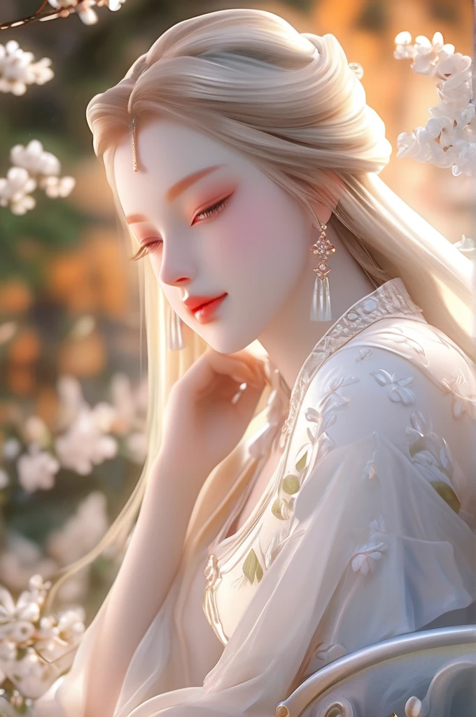 Engraving Out, Realistic Girl, hair ornaments, Close-up shot,  Pure white skin, Cinematic Light, Long Hair, Gaze, , Blonde, Beautiful attention to detail, Beautiful lip detail, Highly detailed face, Long eyelashes, Elegant Dresses, Surrounded by blooming gardens, The soft sunlight illuminates the landscape, Vibrant colors, Oil painting style, High resolution (4K, masterpiece:1.2), Realistic rendering, Vibrant colors, Studio Lighting, Bokeh, frontal face