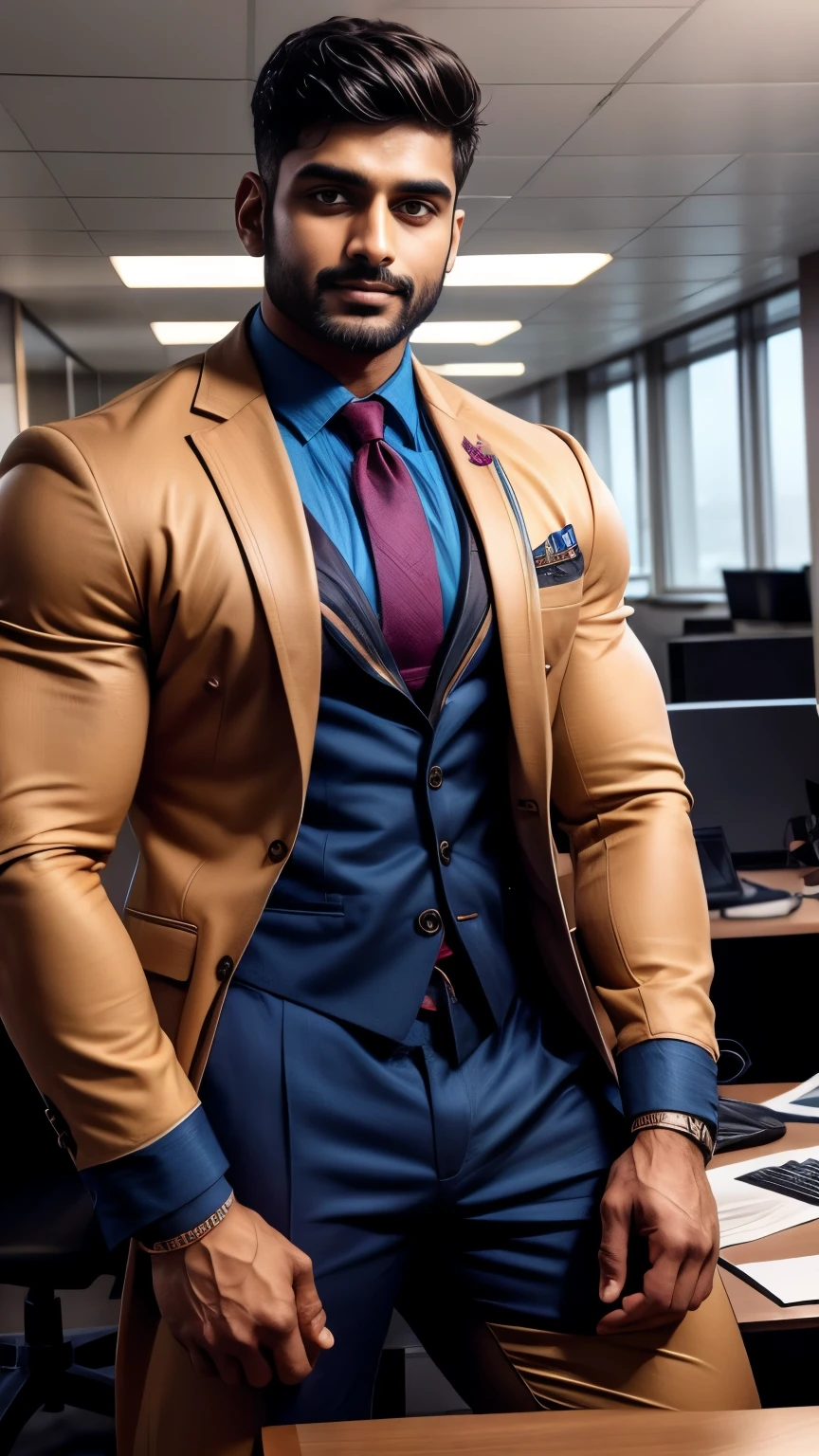 Indian gurjar ARJUN gay man in business suit, standing in office with spread legs 