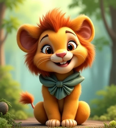 Imagine a lifelike little lion with humorous and exaggerated features, oversized, dressed in cute clothes, bright eyes and curiosity, smiling, positive image, smiling little lion, Disney style, capturing natural textures, although its little paws are slightly larger, they are even cuter. The background is a simple forest, emphasizing natural colors and some green plants to create bright colors