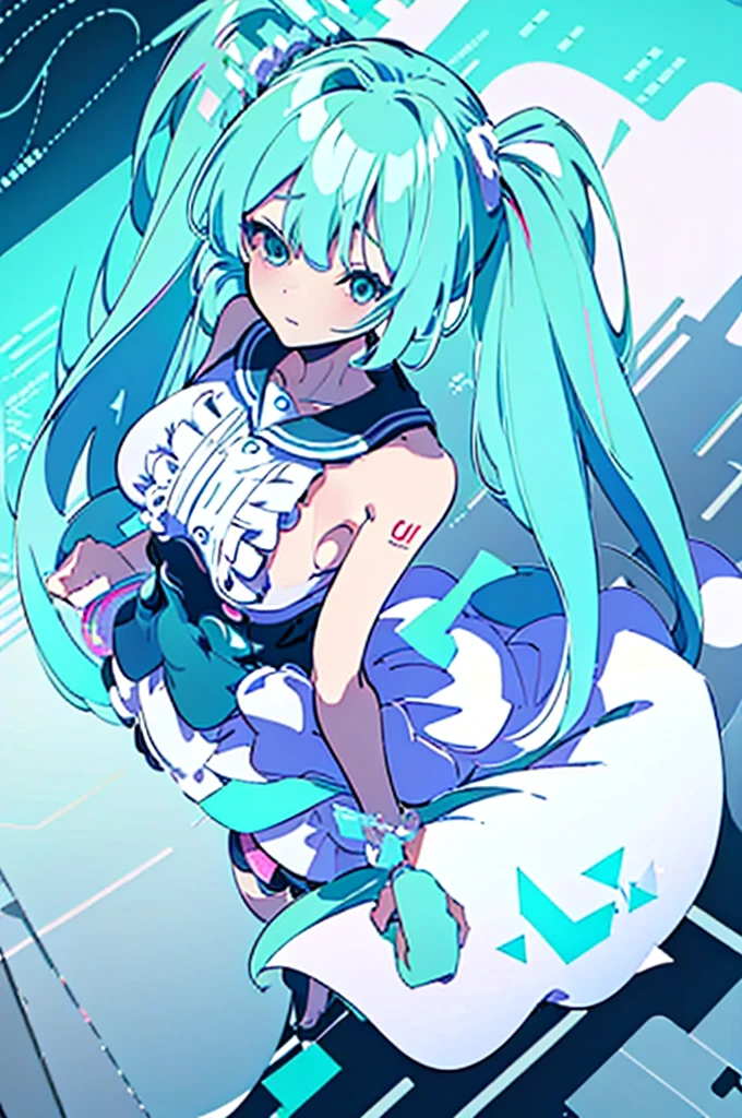 information((Highest quality)), ((masterpiece)), Official Art　Unity　8k　hatsune miku　hatsune mikuコスプレ　naked　Large Breasts　white breath　Sweat　Ahegao　Twittail Hair　Very long hair　Aqua Eye　Aqua Hair　 (((From above)))

information