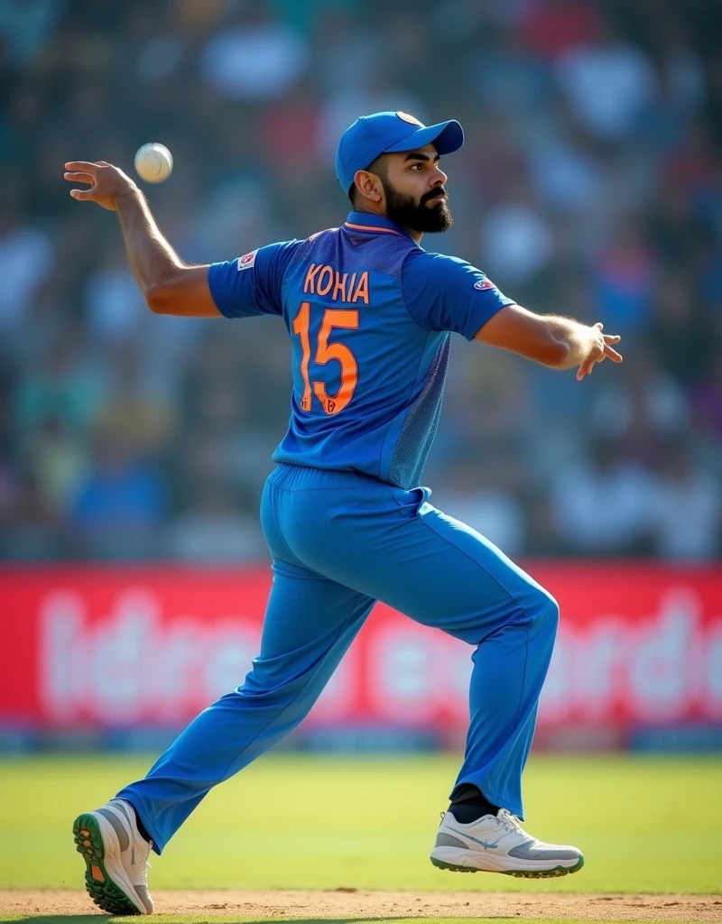 Give me a blue jersey with INDIA written on the back and cricket player Virat Kohli bowling in white sneakers from behind,drop shadow, anaglyph, stereogram, tachi-e, ass pov, atmospheric perspective, 8k, super detail, best quality
