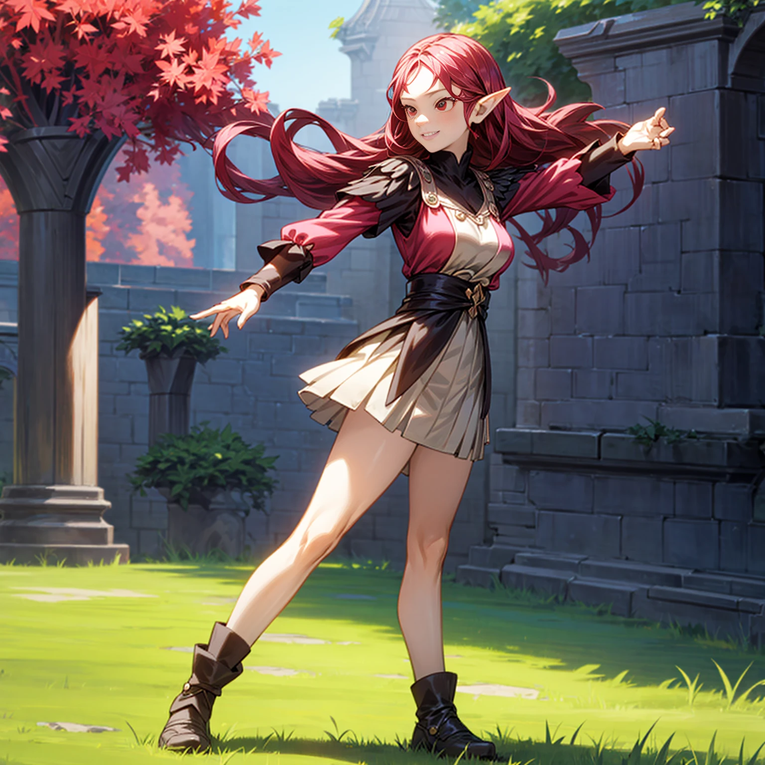 Solo character, full body version, young girl, (elf), red eyes, red color hair, long hair, pink shirt clothing, brown skirt, shoes, outdoor, village, medieval, standing gesture, detailed background, detailed clothing, detailed hair, (black clover style art), smile mouth, big breast 