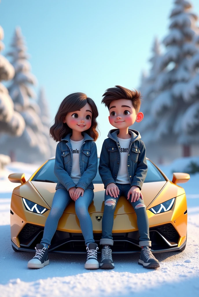 3D illustration of a girl and boy
sitting casually on Lamborghini car. The character must wear casual moder clothing such as jeans jackets and sneakers shoes. The background of the pimage is a full of snow theme. Write 'Smit' and 'Bhavika' on his/him jacket. Both age is 13 years