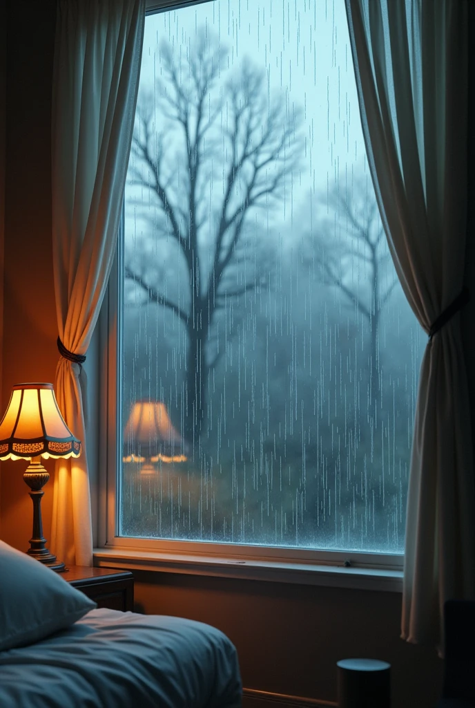 Rain falling on a window seen from inside the house。Raindrops dripping on a window pane are depicted.、In the background, a hazy view of the outside world spreads out.。The room is lit with warm lighting.、There are soft curtains hanging at the windows.。The overall color is calm.、A scene that exudes tranquility and security。