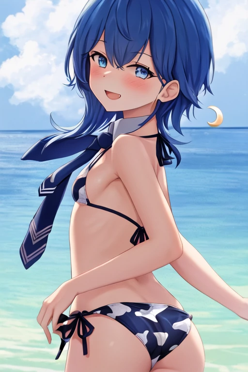 best quality, masterpiece, highres, solo, {minazuki_kantaicollection:1.15}, cowboy shot, from back, looking back, flat chest, bikini, (cow print bikini), close-up, blue_hair, blue_eyes, asymmetrical_hair, short_hair_with_long_locks, open_mouth, smile, blush, crescent, necktie, blue_necktie, crescent_pin