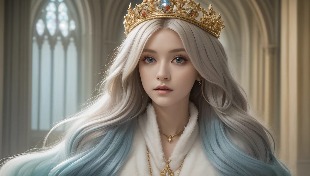 masterpiece, best quality,4k,(Front view close-up:1.3), beautiful vampire Queen sitting upon (grand and wide Gothic throne) with crossed legs, (veiled robe with golden embellishments), (high boots), (arched stained glass windows behind the throne), marble columns, flowing white hair, sparkling blue eyes, (soft pastel style:1.5), masterpiece in maximum 16K resolution, superb quality, ultra detailed