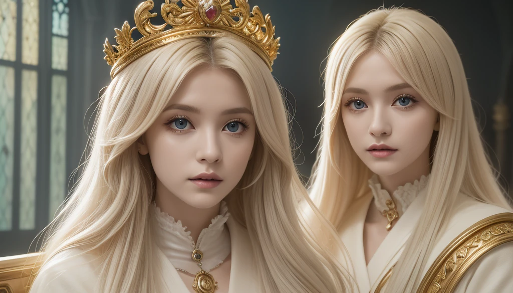 masterpiece, best quality,4k,(Front view close-up:1.3), beautiful vampire Queen sitting upon (grand and wide Gothic throne) with crossed legs, (veiled robe with golden embellishments), (high boots), (arched stained glass windows behind the throne), marble columns, flowing white hair, sparkling blue eyes, (soft pastel style:1.5), masterpiece in maximum 16K resolution, superb quality, ultra detailed
