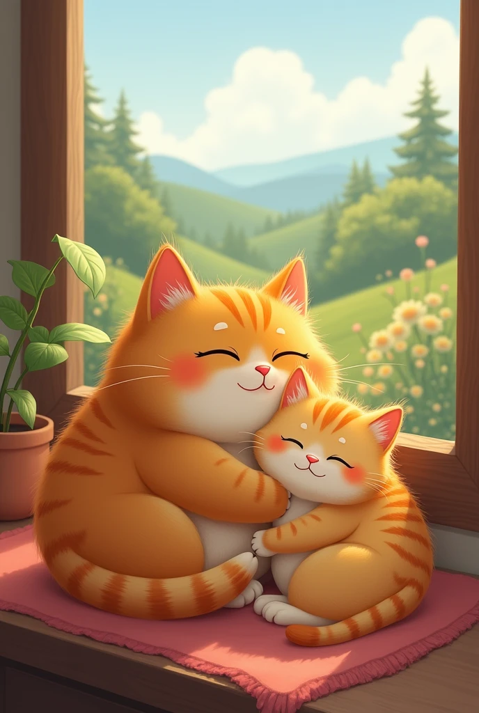 Close-up of the chubby orange cat, visibly happy, with a gentle smile. The kitten is nestled close to the cat, both of them enjoying the ride. The window view shows a pleasant landscape passing by.