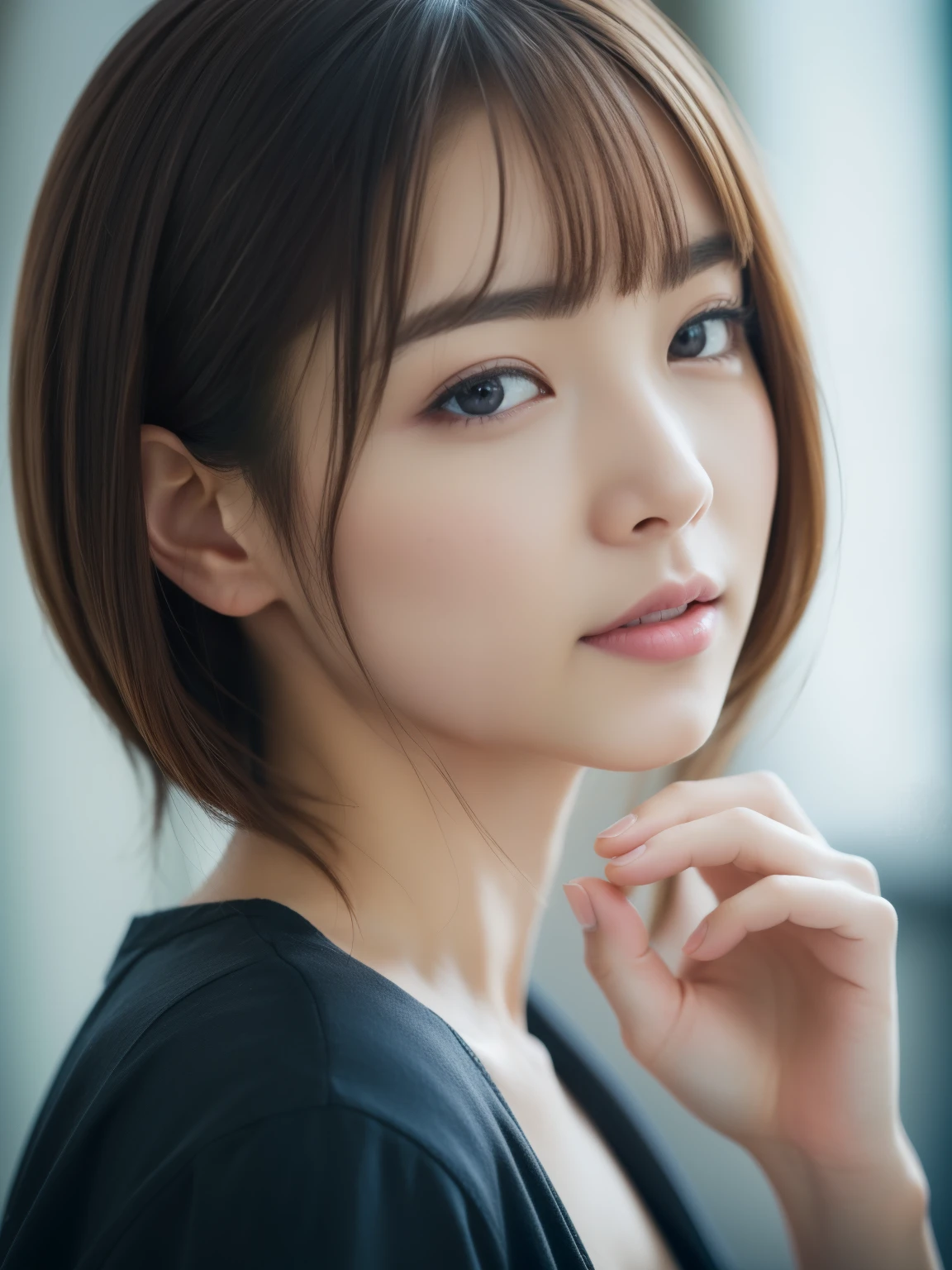 (8K、Raw photo、highest quality、Masseter muscle part:1.2)、Super detailed、super resolution、(realistic、realistic pictures:1.37)、portrait、High-definition RAW color photo、professional photography、hvery detailed and beautiful、very detailed、8K wallpaper、surprisingly detailed、huge file size、official art、very detailed CG Unity 8K wallpapers、very detailed beautiful girl、very detailed顔、very detailed目、very detailed肌、Very thin fingers、very detailed nose、Very detailed mouth、perfect anatomy、hvery detailed back ground、Hvery detailed clothing、1 girl、(18:1.2)、、cute、famous japanese idol、cute、realistic body、、white skin、glowing skin、because I'thin、handsome body、brown haired、bob cut、laughter、cute、Zola々right、cute faces、lifelike face、delicate eyes、ordering sauce、light blue long sleeve shirt、earrings、looking at camera、cowboy shot、positive、contrapo, draw the background accurately、high street, public, dynamic lighting,