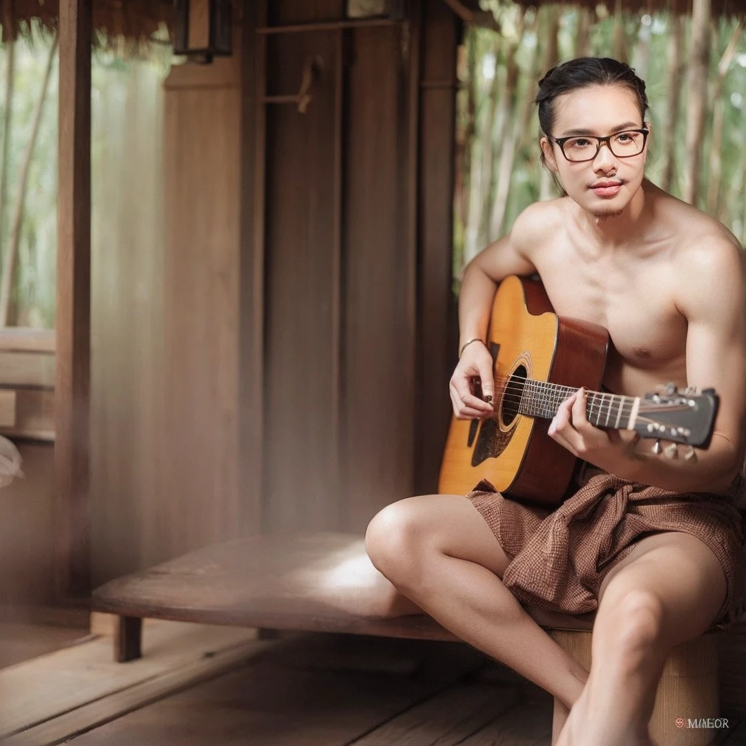 Add a picture of a beautiful 24-year-old woman with a Japanese-like appearance, fair skin, long hair, thick black eyebrows, red lips, wearing a Thai dress, pearl white, intricate Thai patterns, beautifully decorated with red, pink, and gold, sitting next to a man playing a guitar.The photos were taken using a Canon EOS 5D Mark IV DSLR camera and a 50mm f/1.8 lens, using ISO 100, Shutter Speed 1/200, and F-stop at f/2.8.