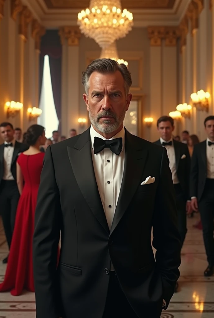 A realistic picture of fifty years aged man with light brown hair and fair complexion having beared in his face wearing a black suit . He has angry face. He is standing on a ball room filled with man and woman.