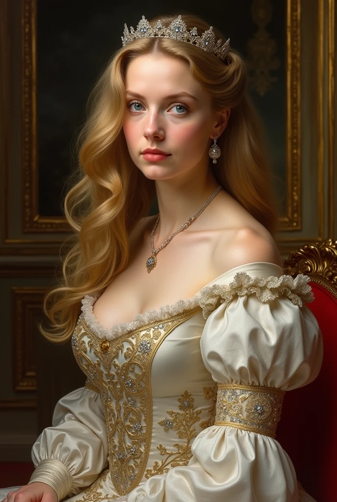 picture of Princess Victoria Elizabeth Catherine Mary Anne Diana of Wales is a radiant and intelligent figure. With her blonde hair and blue eyes, she embodies both beauty and grace, known for her sharp intellect and regal presence. in her