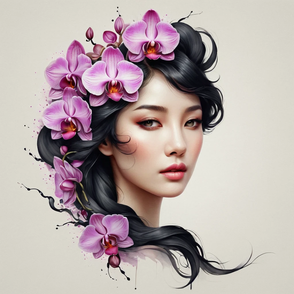 modern minimalist art，（Close-up of woman with orchid tattoo on neck）,This woman has a beautiful face，black hair long，（Orchid tattoo pattern on neck：1.3），Illustrates??the one with the flowing hair，fair face， Scrawny, gorgeous eyes， elegant digital art, beautiful digital illustrations, beautiful character painting,
