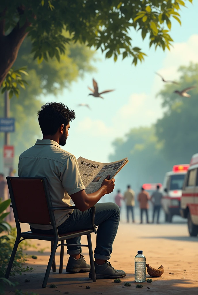A 30 years Indian boy is reading Telugu newspaper, sat on a chair. His backside should be displayed.
Weather is breeze, one water bottle is nearer to him, birds are flying at the tree. One news is highlighted in the telugu language newspaper that 35 years Indian boy fall from building, he's covered with blood, group of people are watching him and ambulance is reaching to that location. Content is written in Telugu in the newspaper