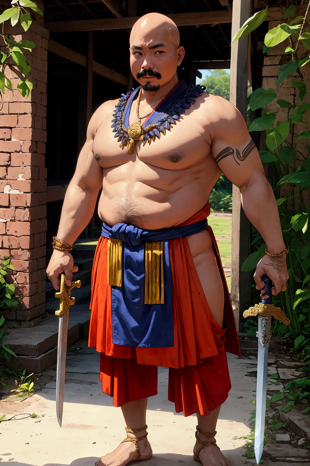 man,Bald head with hair on the sides,Not wearing a shirt,,No shoes while standing.Thai warrior costume holding a killer sword,Ayutthaya ,Ayutthaya period outfit,chubby,There is a slight mustache.