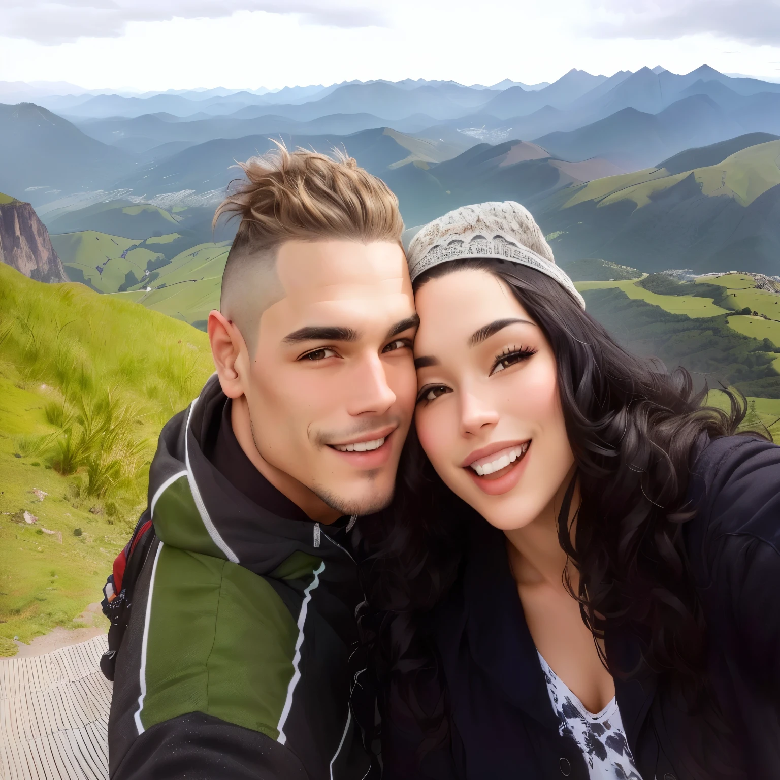 there is a man and woman taking a selfie in the mountains, with mountains in the background, with mountains in background, with mountains as background, by Nándor Katona, david rios ferreira, couple, andrea rocha, hills in the background, malika favre, happy couple, in sao paulo, by Willian Murai, brazilian