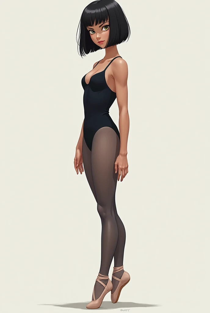 AGE: 2 Hair Color and Style: negro, Shoulder length bob cut Face: Triangular Height and Build: Tall and strong build Eye Color: Blue with yellow Clothes: Ballet clothing for your practices Facial Expression and Posture: concentrated, with a posture that reflects her focus on ballet practice standing color: Artistic Style Porcelain: realist