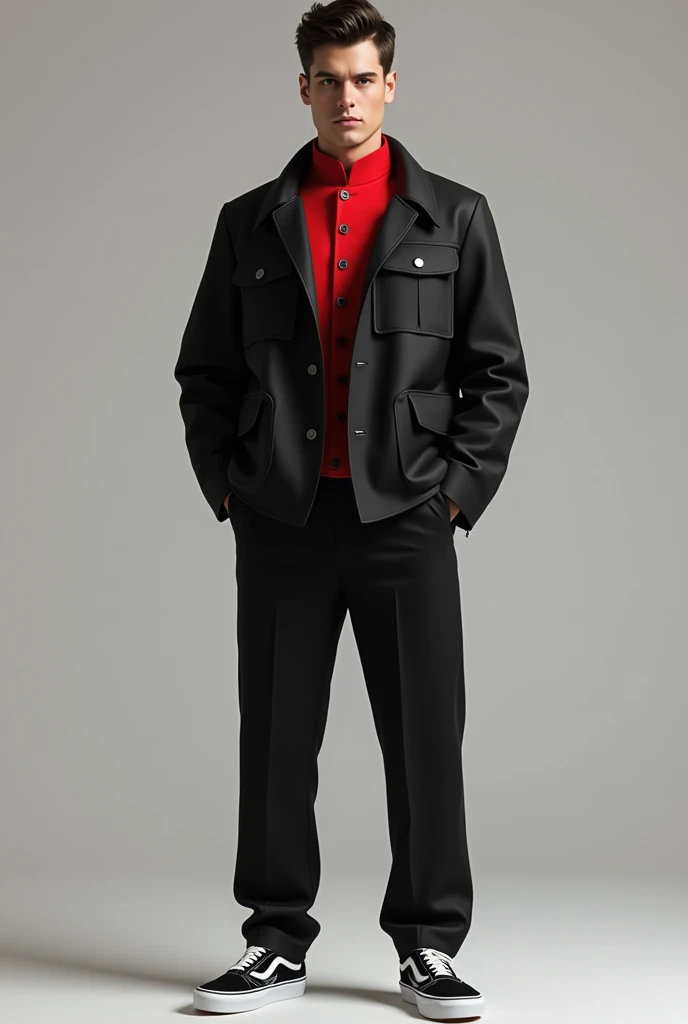 Red Chinese collar black uniform for cool with black pants, and vans old school shoes