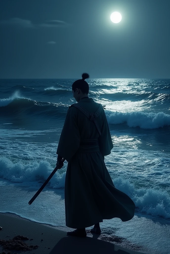 nightの海 Ripples White waves night Samurai hiding his breath Realistic art style Japanese sword