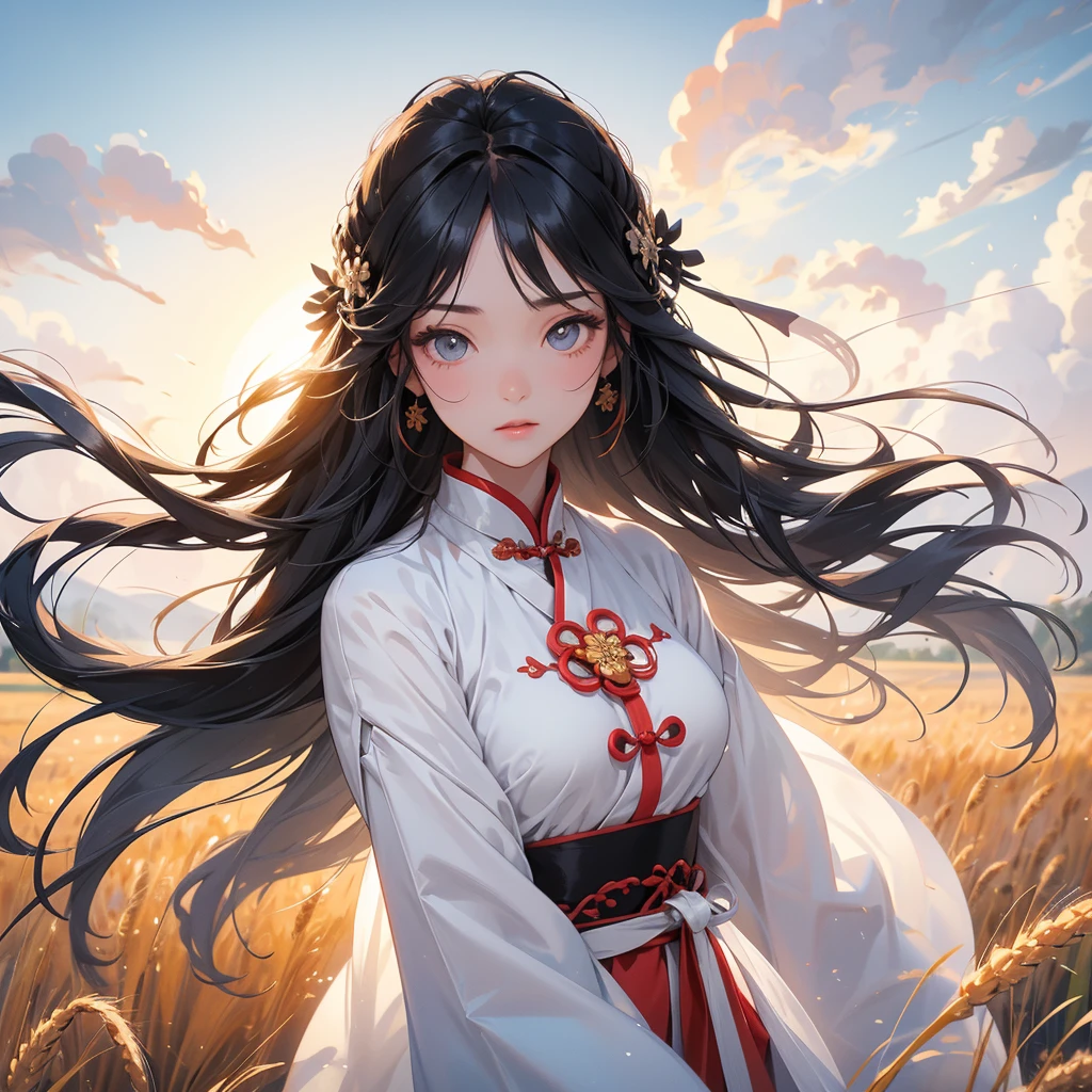 A beautiful girl with black long hair, wear white ancient chinese clothes, Standing in the middle of a wheat field , There are some floating clouds, with the sun shining on her face, close up.