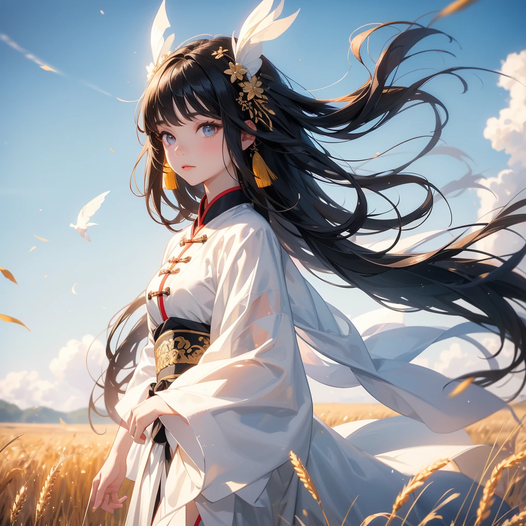 A beautiful girl with black long hair, wear white ancient chinese clothes, Standing in the middle of a wheat field , There are some floating clouds, with the sun shining on her face, close up.