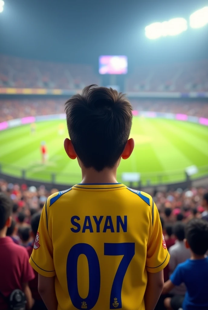 Create a 16k High quality realistic image of a 16 year old boy who is watching IPL in stadium and wearing CSK jersey "07" is written on it, and cheering for the CSK. On jersey Name "SAYAN" is written in bold hyper realistic image