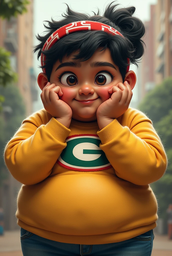 One age . Chubby India . Big body. But fat . Wear green red white long sleeve"G" Logo on shirt. Hairy hand. Wear head band red white. Hand holding face. Big belly.
