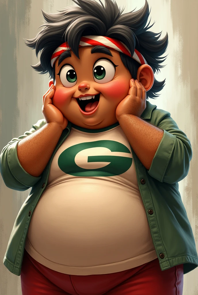 One age . Chubby India . Big body. But fat . Wear green red white long sleeve"G" Logo on shirt. Hairy hand. Wear head band red white. Hand holding face. Big belly.